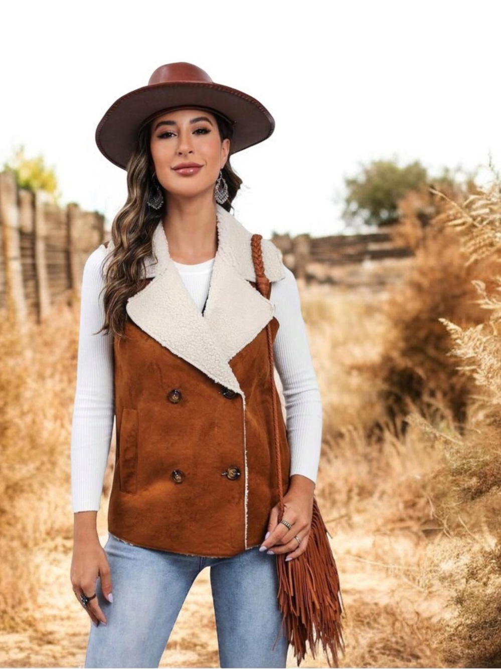 Women's Faux Suede Sherpa Vest - Chestnut Brown